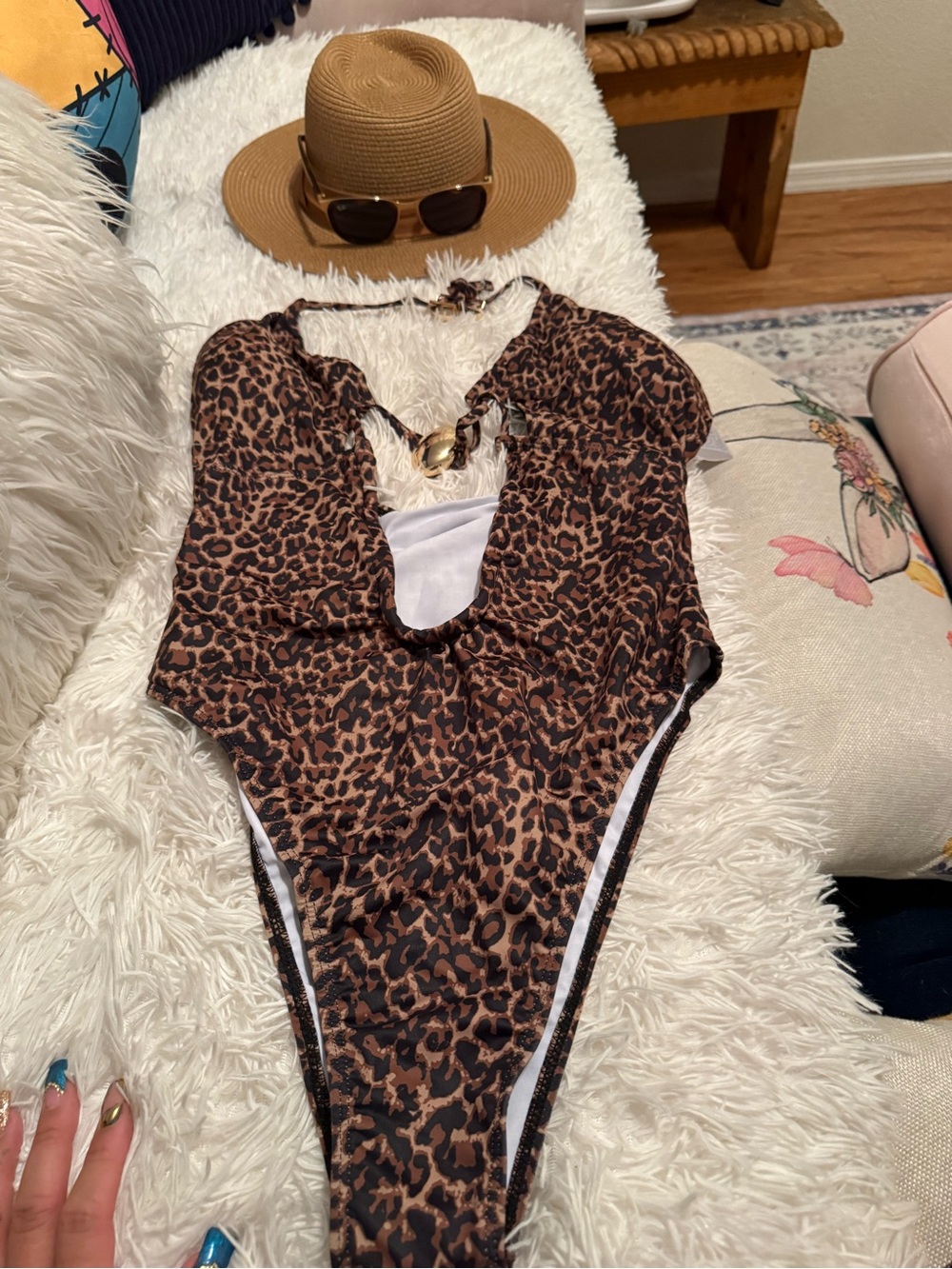 SHEIN Brown Leopard Print for Women. One-Piece Bodysuit swimsuit. High rise